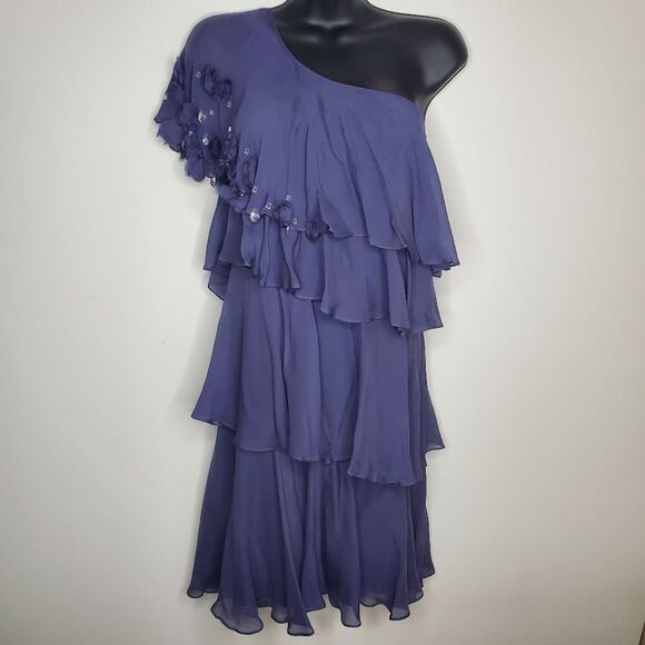 Rebecca Taylor Blue 100% Silk Floral Applique Gem Bling One Shoulder Dress Sz 12 - Picture 1 of 6